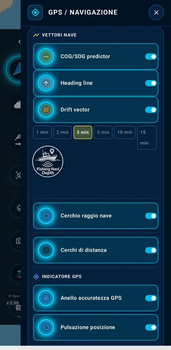 Le opzioni di navigazione: prua, scarroccio, cerchi di distanza